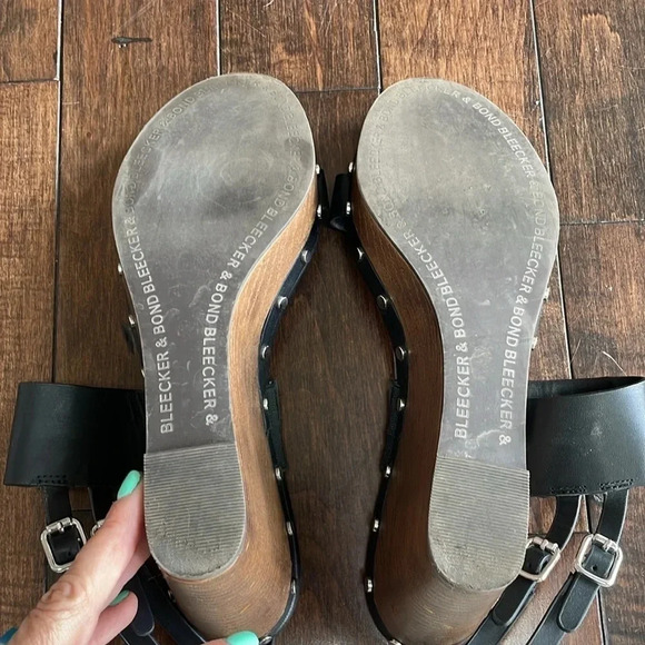 Bleecker and Bond Sandra  Leather Wedge Black Studded Platform Sandals  Size 10 - Picture 8 of 14